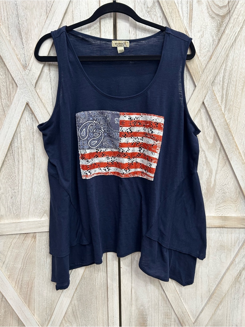 ONE WORLD Navy Tank Top with Red & White Flag Graphic